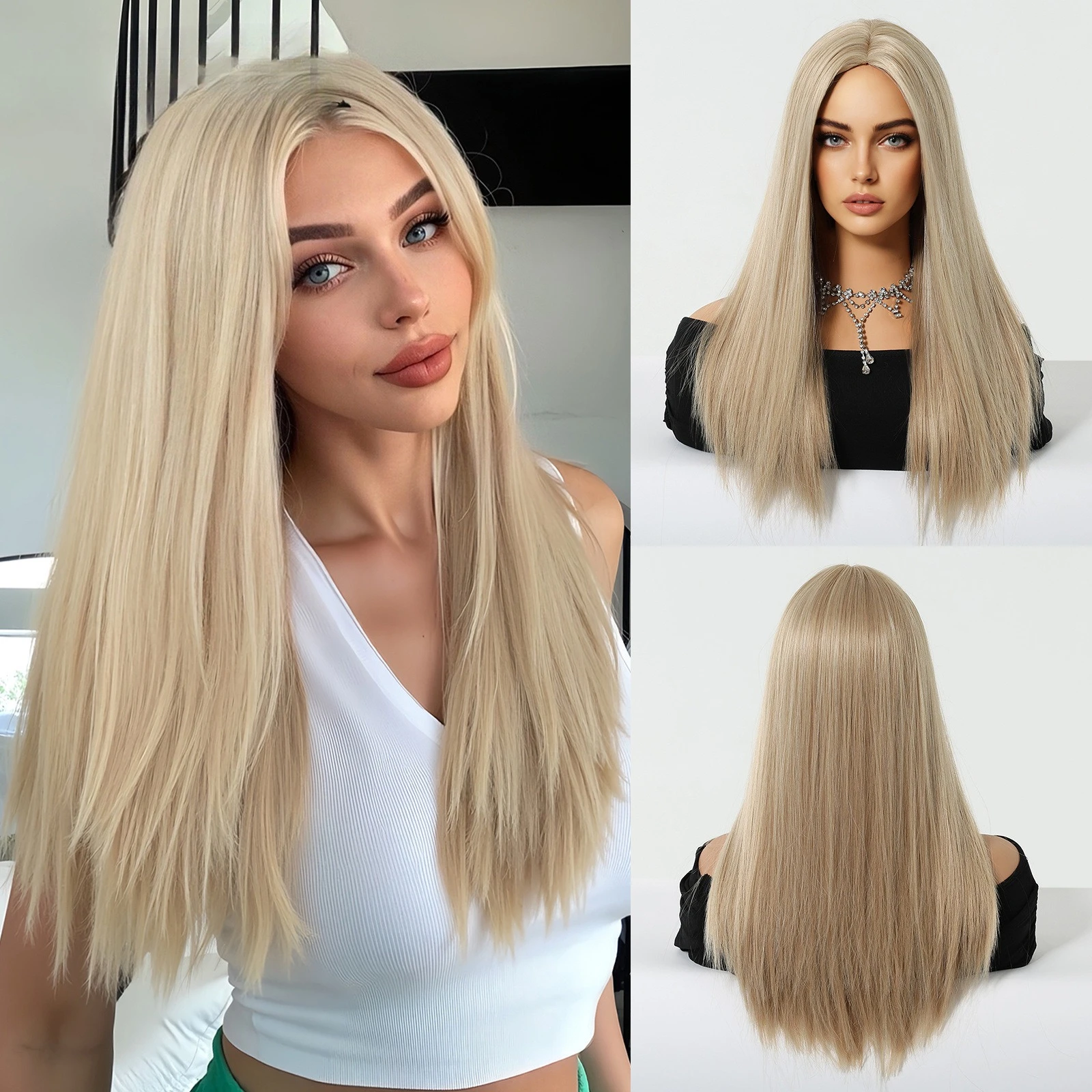 

Long straight hair medium without bangs golden brown highlights natural fashion hot-selling European and American wigs full head