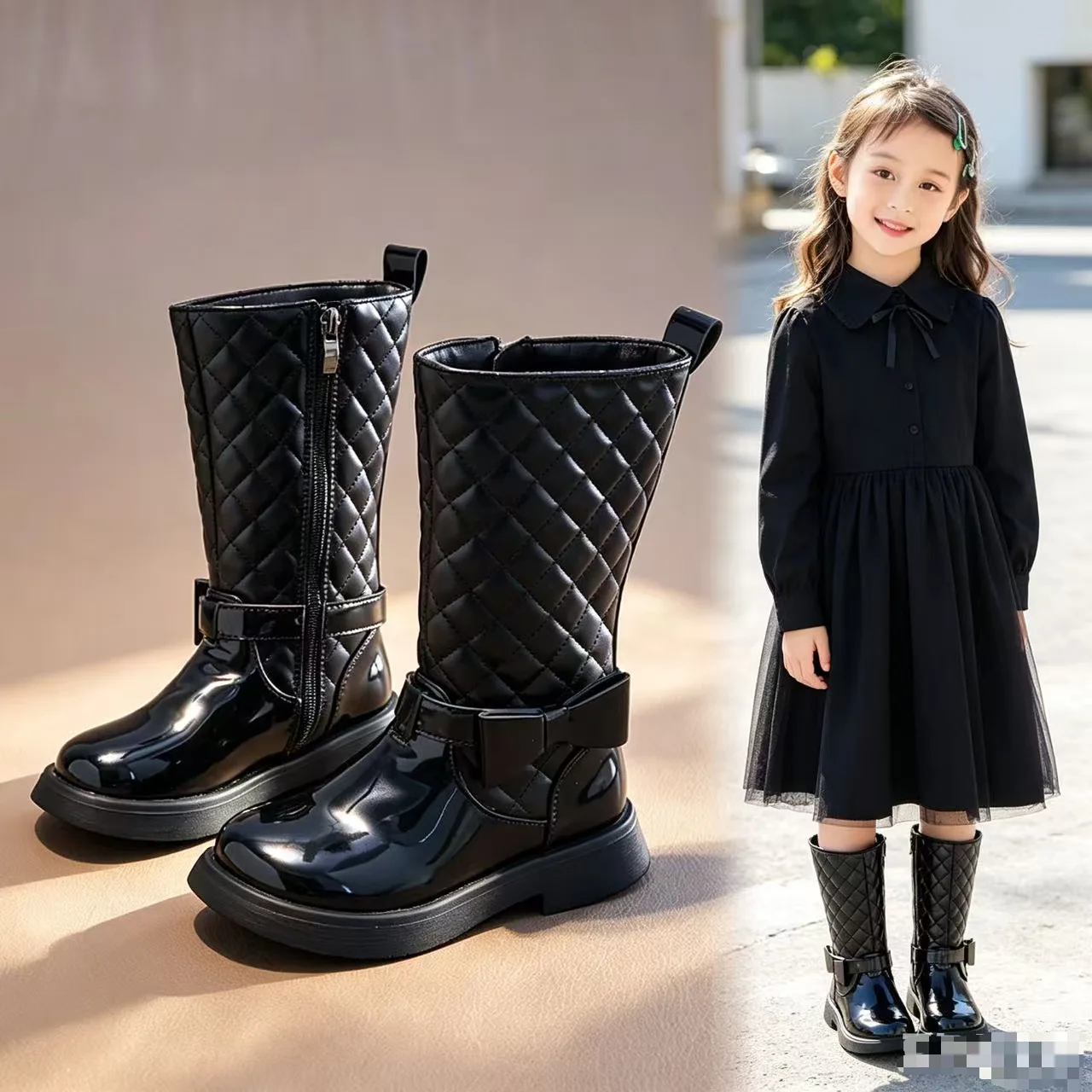 Autumn Winter Plaid Non-slip Soft Sole Short Boots Kids Girls Zipper Fleece Casual Boots Comfortable Warm Toddlers Bow Children