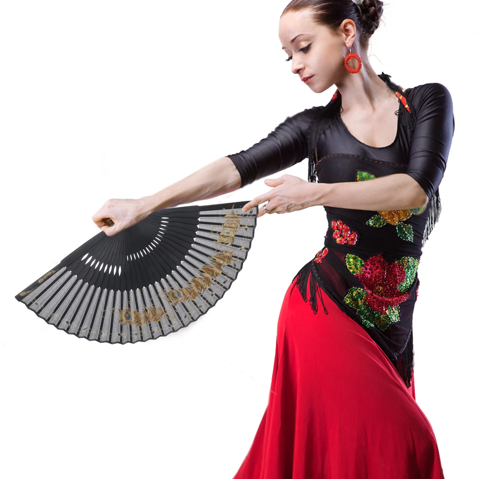 ヴィンテージ折りたたみ孔雀羽根パターンハンド女性用折りたたみ式ダンス小道具夏旅行アクセサリー和風竹