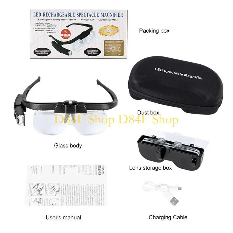 D84F USB Rechargeable Headband Magnifier for Head Mounted Glasses with 2 LED Lights & Removable Lensesfor Reading