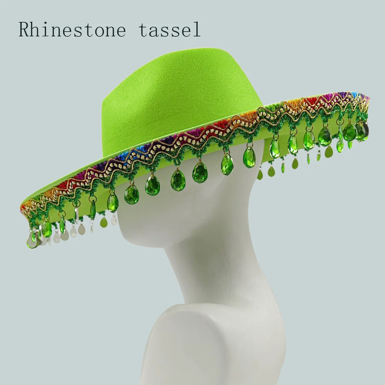 Colored gemstone Fedora hat tassel fashion Fedora hat  men's and women's wide brim fashion shooting high-end Gorras para hombres