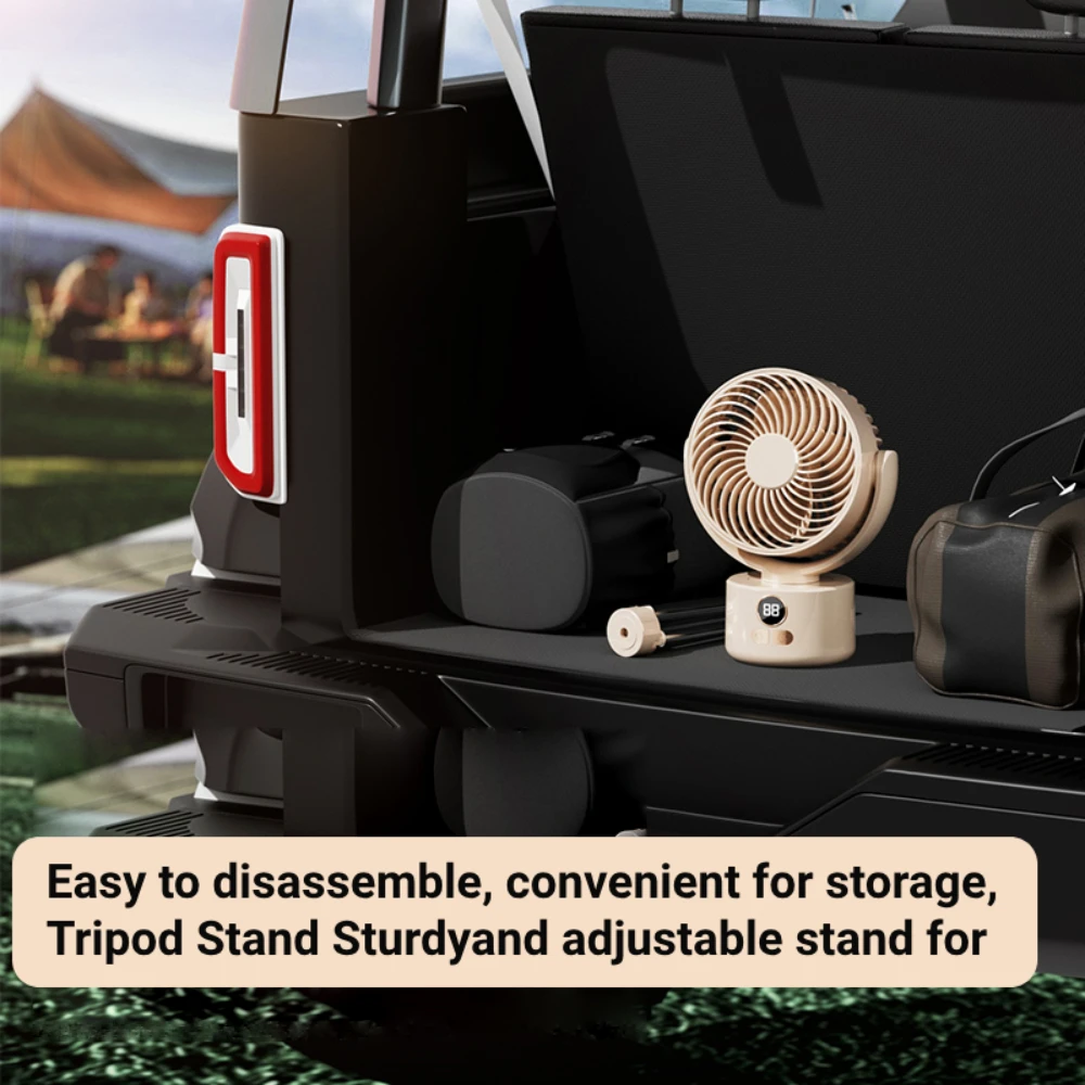 مروحة تخييم قابلة لإعادة الشحن لسطح المكتب، محمولة، شاشة رقمية، مروحة كهربائية 360 درجة °   مراوح واقفة للرأس قابلة للدوران مع حامل ثلاثي القوائم