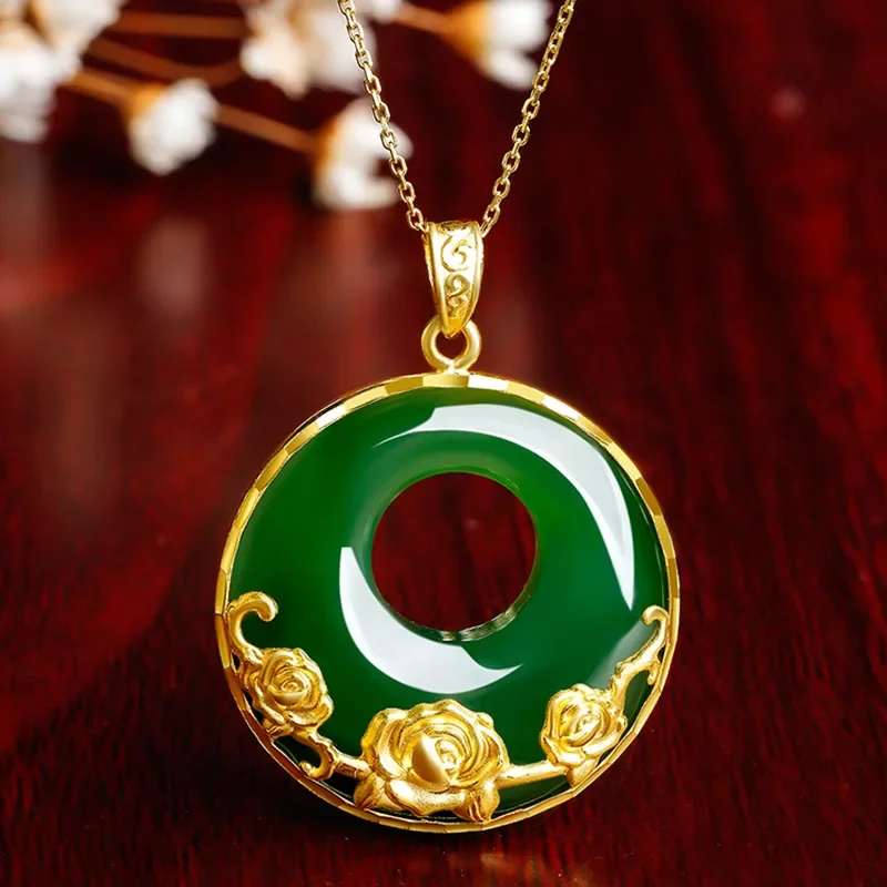 High Quality 24K Gold AU999 Necklace Women Bauhinia Jasper Peace Buckle Pendant Flowers Blooming Wealth Retro Ladies