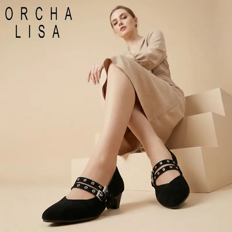

ORCHALISA Hot Flock Suede Women Pumps Pointed Toe 4.5cm Block Heel Double Buckle Strap Large Size 45 46 47 48 Mary Janes Shoes