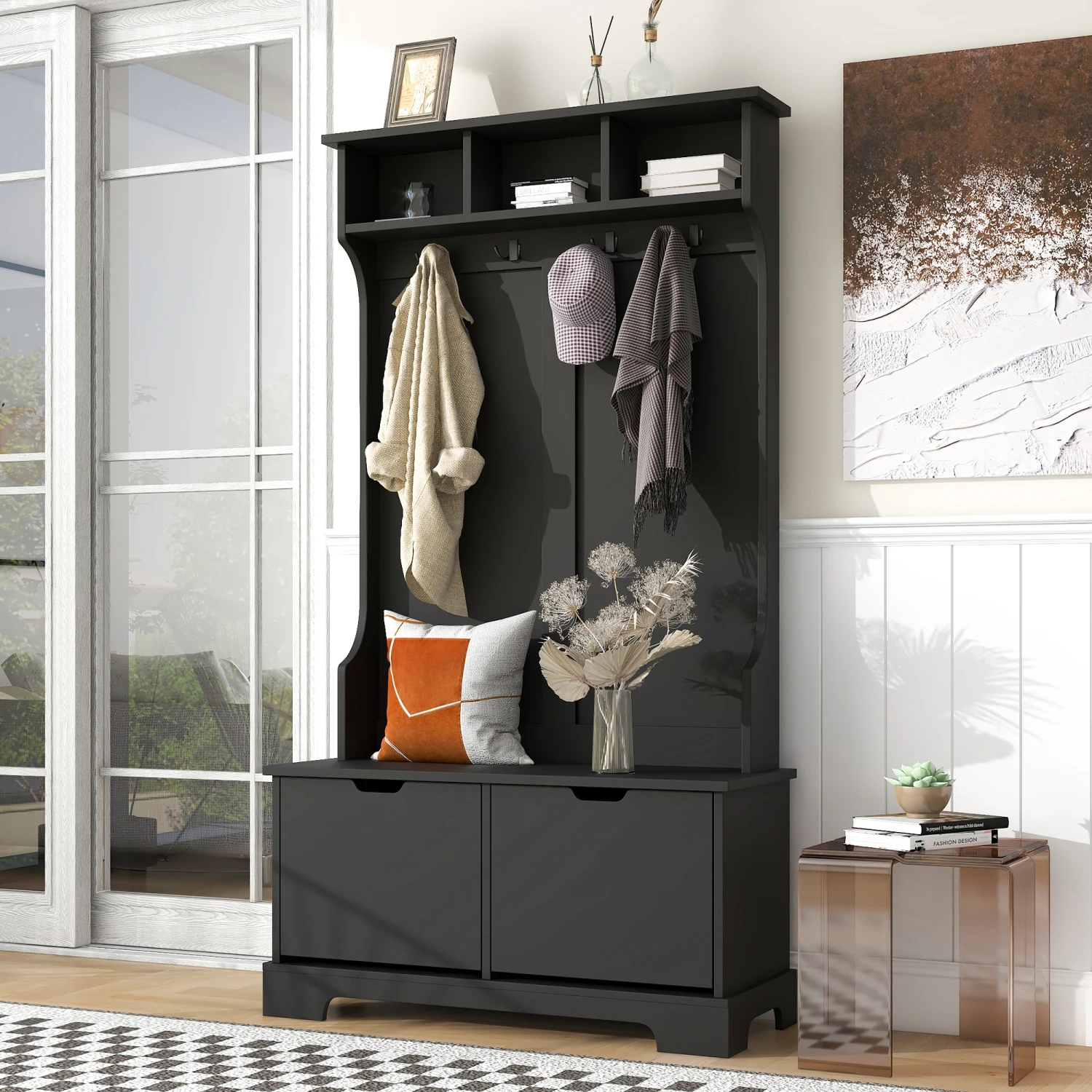 ON-TREND All in One Hall Tree with 3 Top Shelves and 2 Flip Shoe Storage Drawers, Wood Hallway Organizer with Storage Bench and