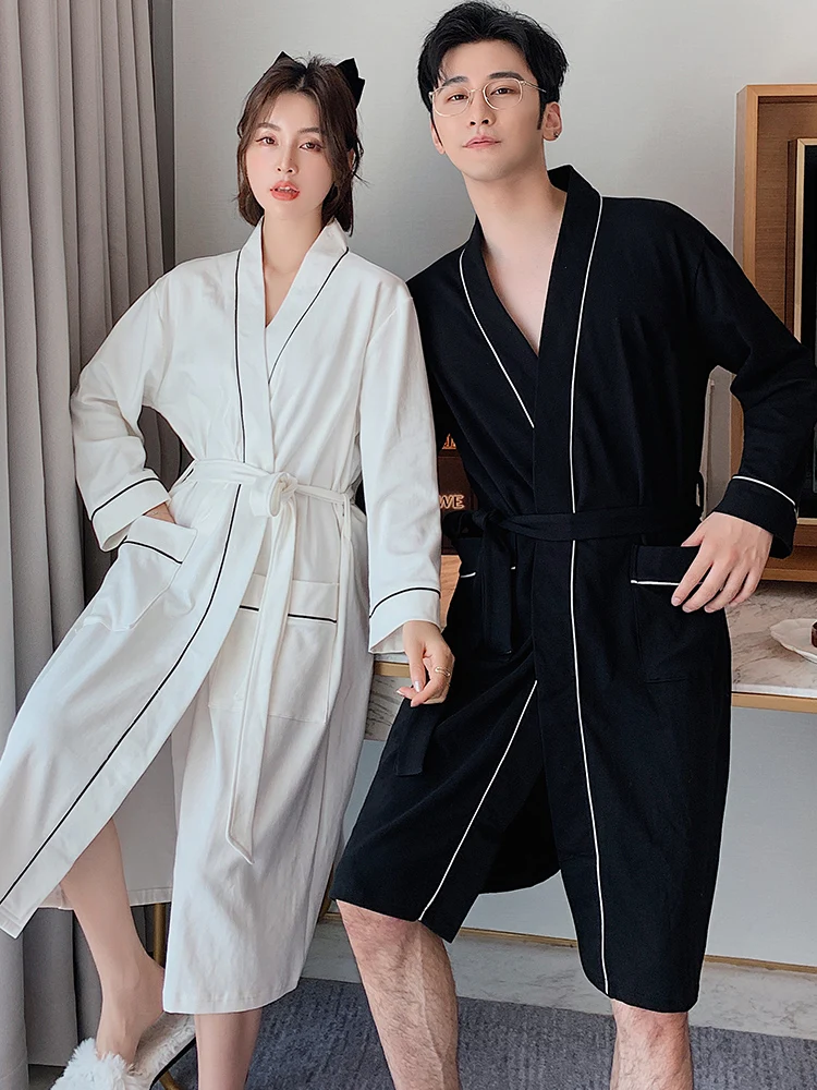 Pure Cotton Bathrobe Long Sleeve Spring Autumn Hotel Style Men's Simple Large Size Sleepwear Summer Women's Style Couple's Ho...