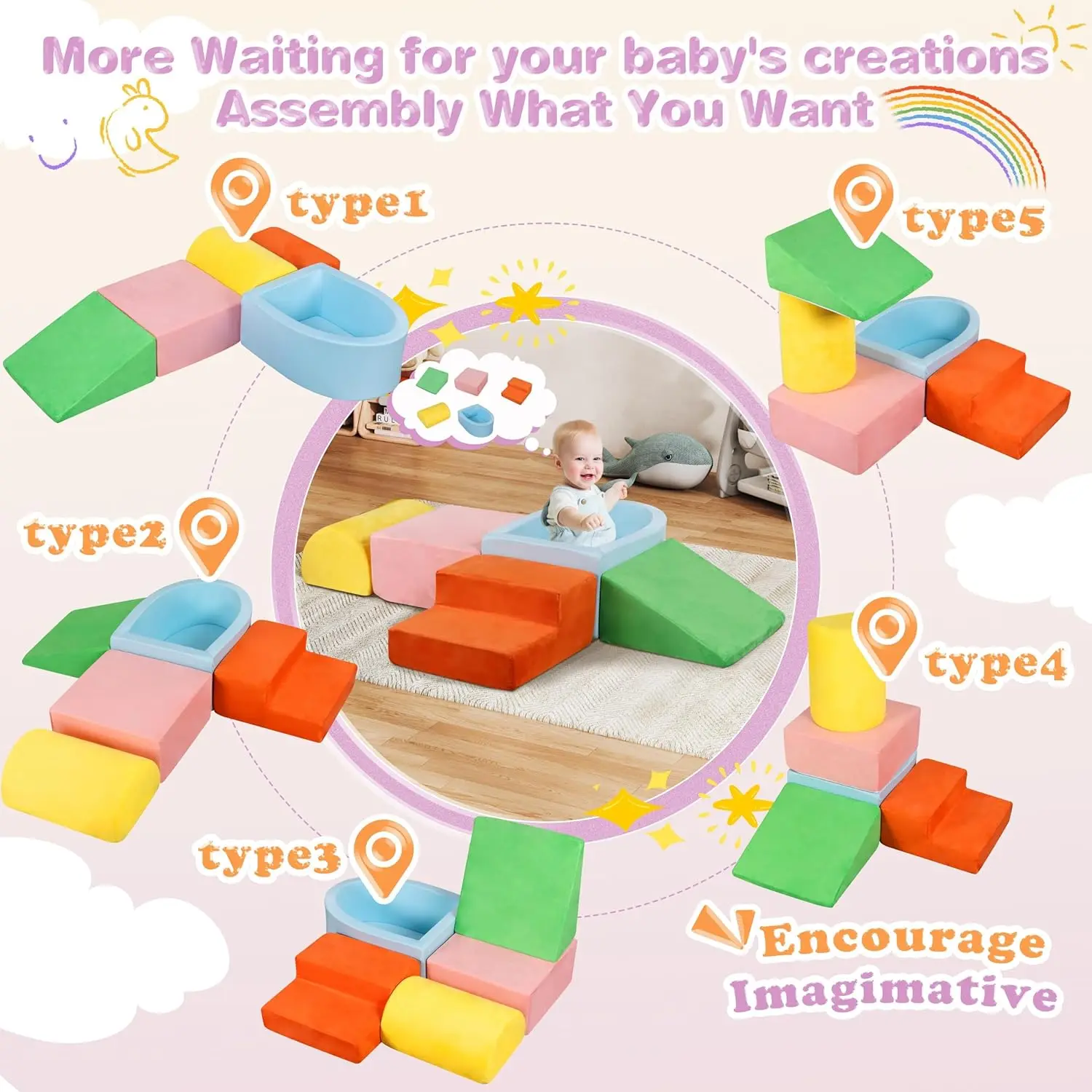 كتل إسفنجية ناعمة ألعاب زحف للتسلق، 5 قطع ألعاب تسلق للأطفال الصغار 3-12 من الداخل، مجموعة لعب كروية ونشاط صالة الألعاب الرياضية للأطفال #4