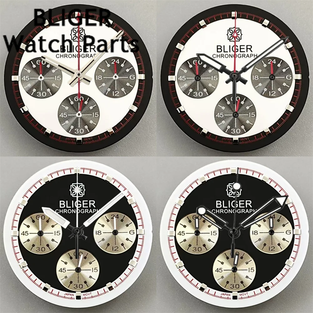 

BLIGER 30mm VK63 Dial Fit VK63 Quartz Movement Chronograph Dial With Six Hands Set Green Luminous Hands Watch Parts