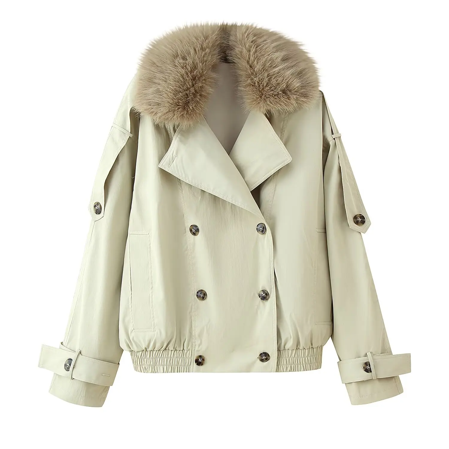 

Casual cropped trench coat Women's double-breasted lapel coat with fur collar 2025 Autumn Women's Fashion Outerwear