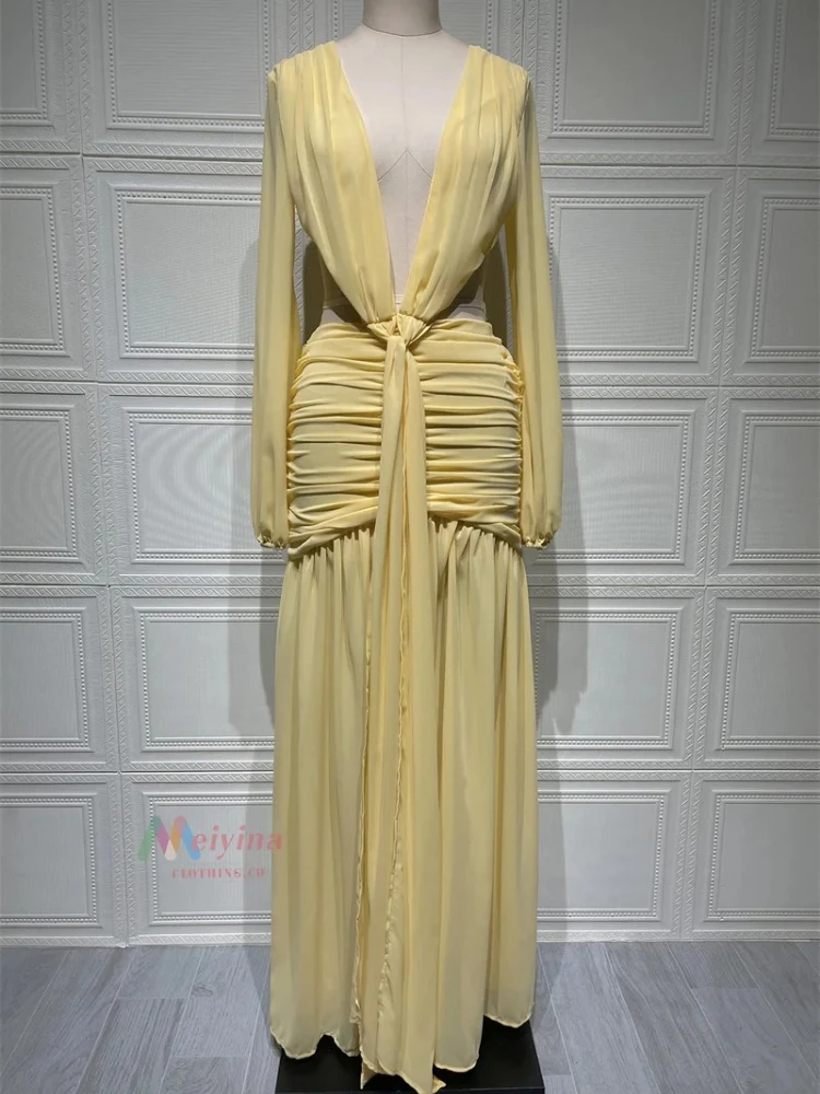 XIAOTANG Luipaardprint Lange Mouw Sexy Maxi Jurk Damesmode Hol Backless Gedrapeerde Ruches Bodycon Club Party Lange Jurk