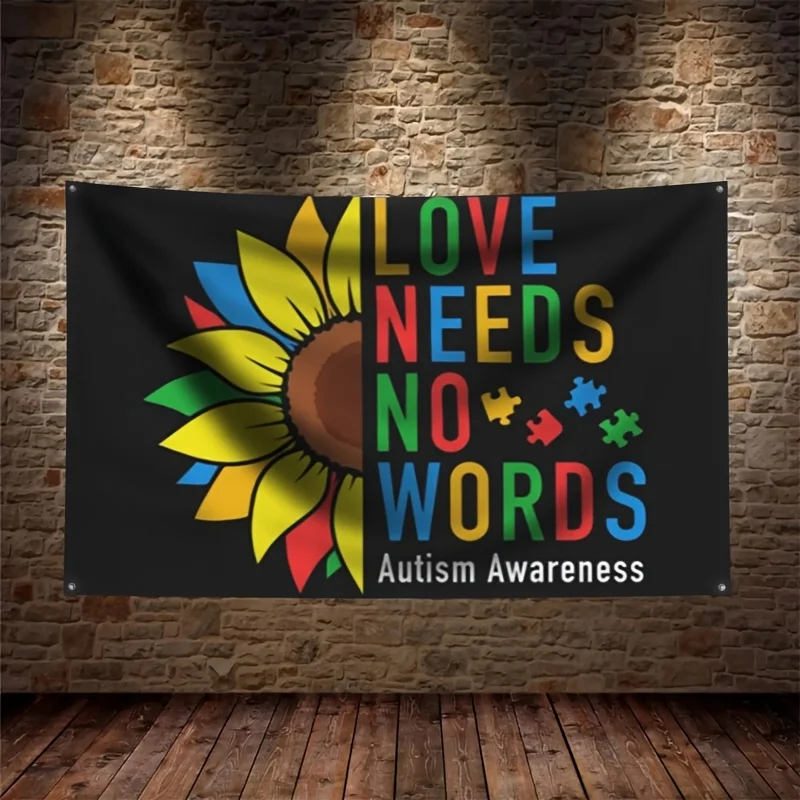 Autism Awareness Banner Tapestry Sunflower Love Needs No Words Decor Flag Gift for Autism Support With 4 rings