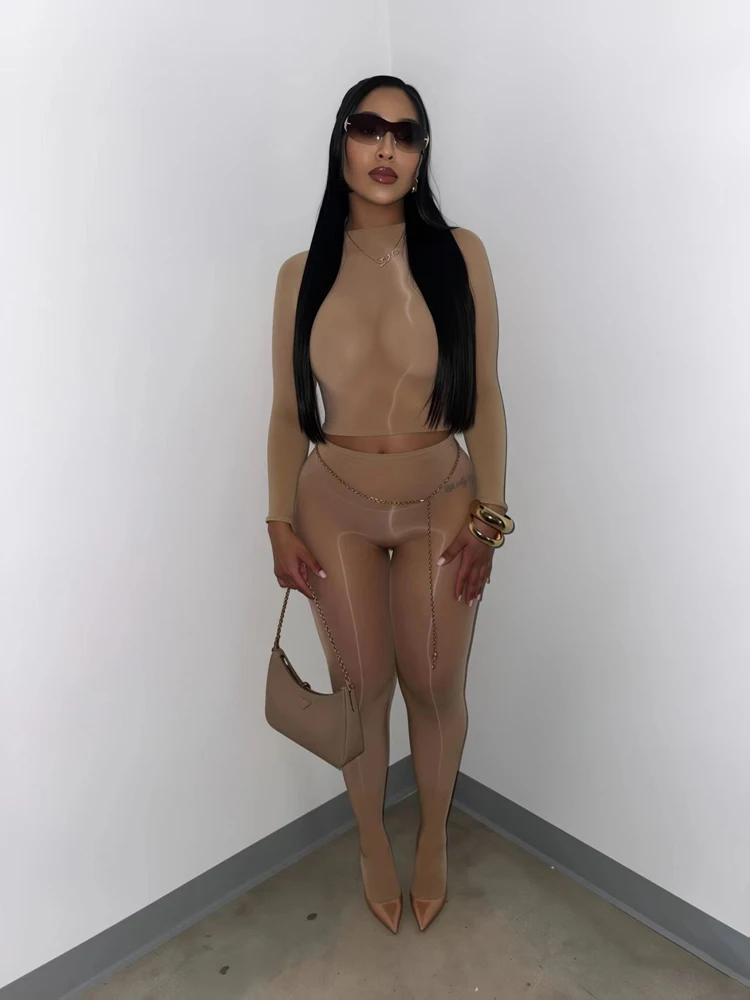 Women Clothing Sexy Stretchy Shiny See-through Crop Top and Skinny Pants Suits 2 Piece Set Female Night Clubwear Outfits