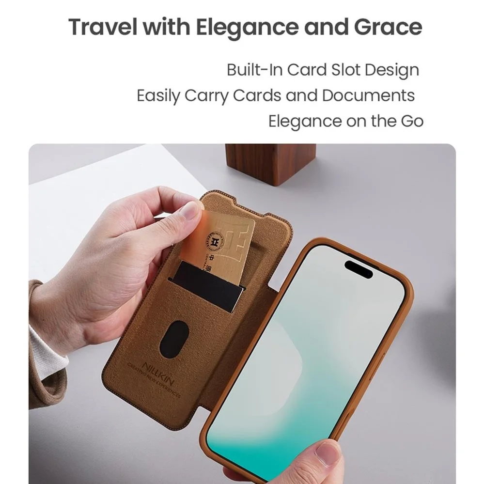 Nillkin Etui z klapką QIN Pro ze skóry z kieszenią na karty i przesuwaną osłoną aparatu do iPhone 17 Pro Max / 17 Pro / 17 / Air — zdjęcie produktu 6