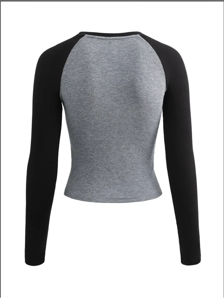 Color Blocked Raglan Sleeve Top Round Neck Long Sleeved Slim T-shirt Damski Casual Sports Autumn Y2K Pullover — zdjęcie 4