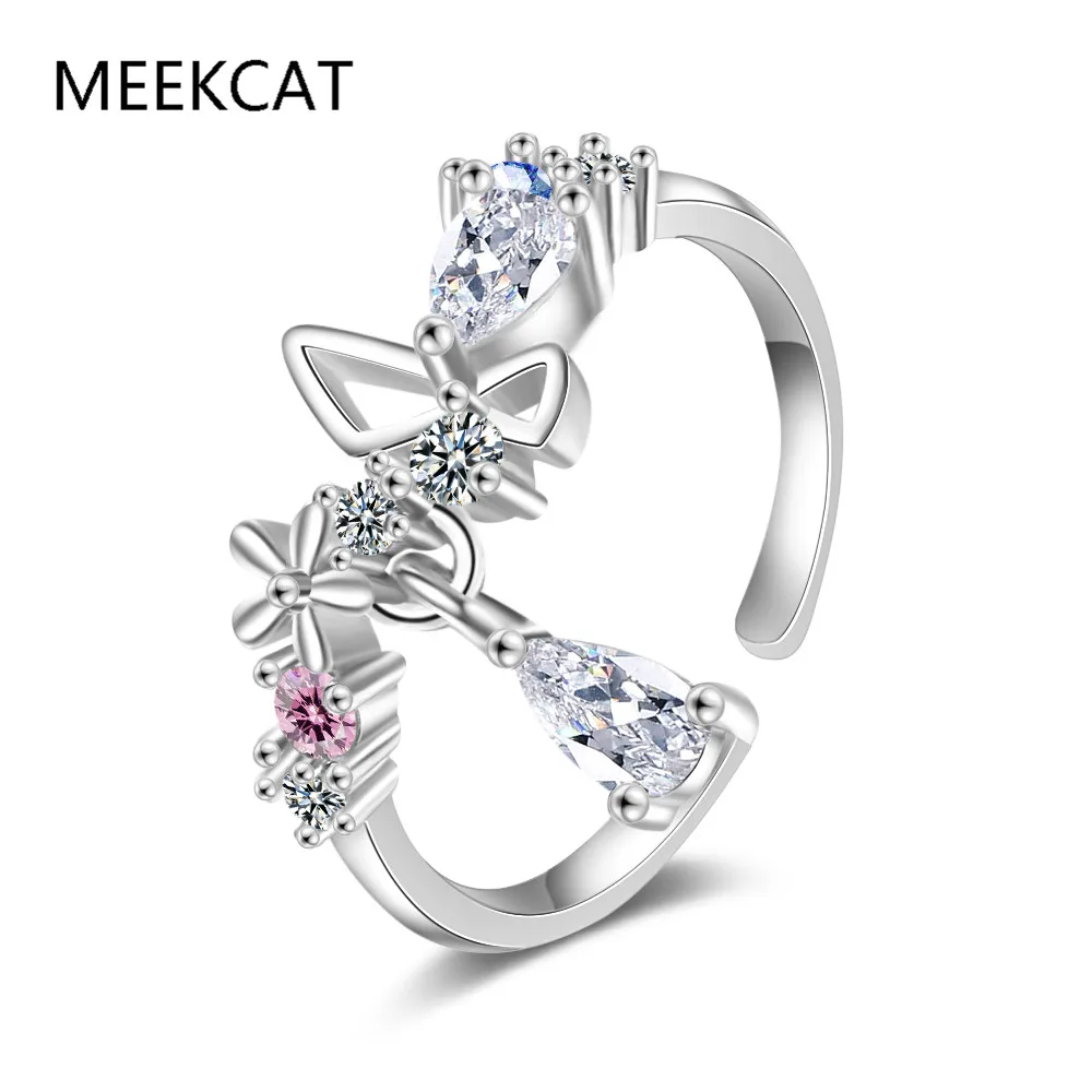 925 Sterling Silver Small Fresh Flower & Water-drop Shaped Zircon Finger Ring Adjustable for Women Exquisite Fine Jewelry BSR308