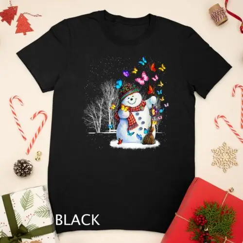 Butterflies And Snow Man Wearing Scarf Gift For Christmas T-Shirt Unisex T-shirt