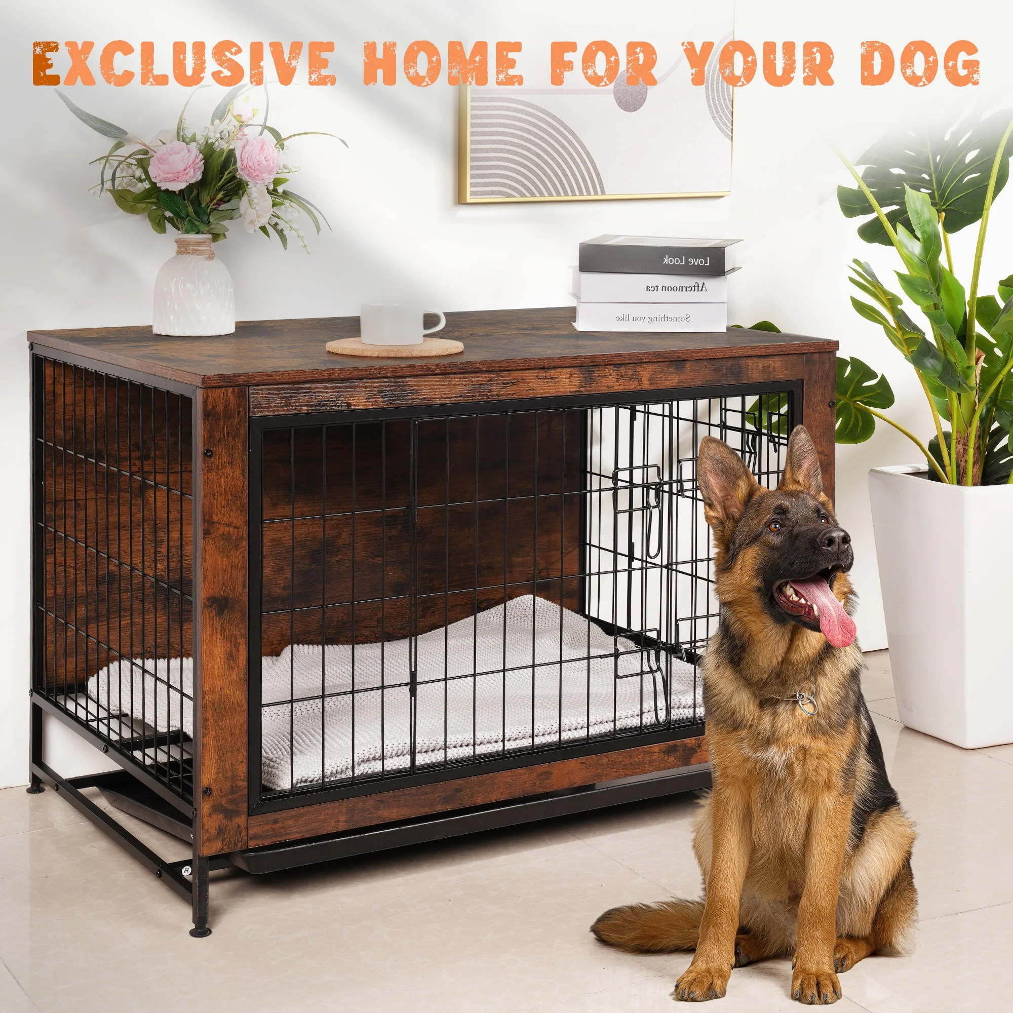 

38.5 X 25.6 X 26.8inch Furniture Doghouse Multifunctional Decorative Dog Crate Wooden Dog House with Double Door for Indoor
