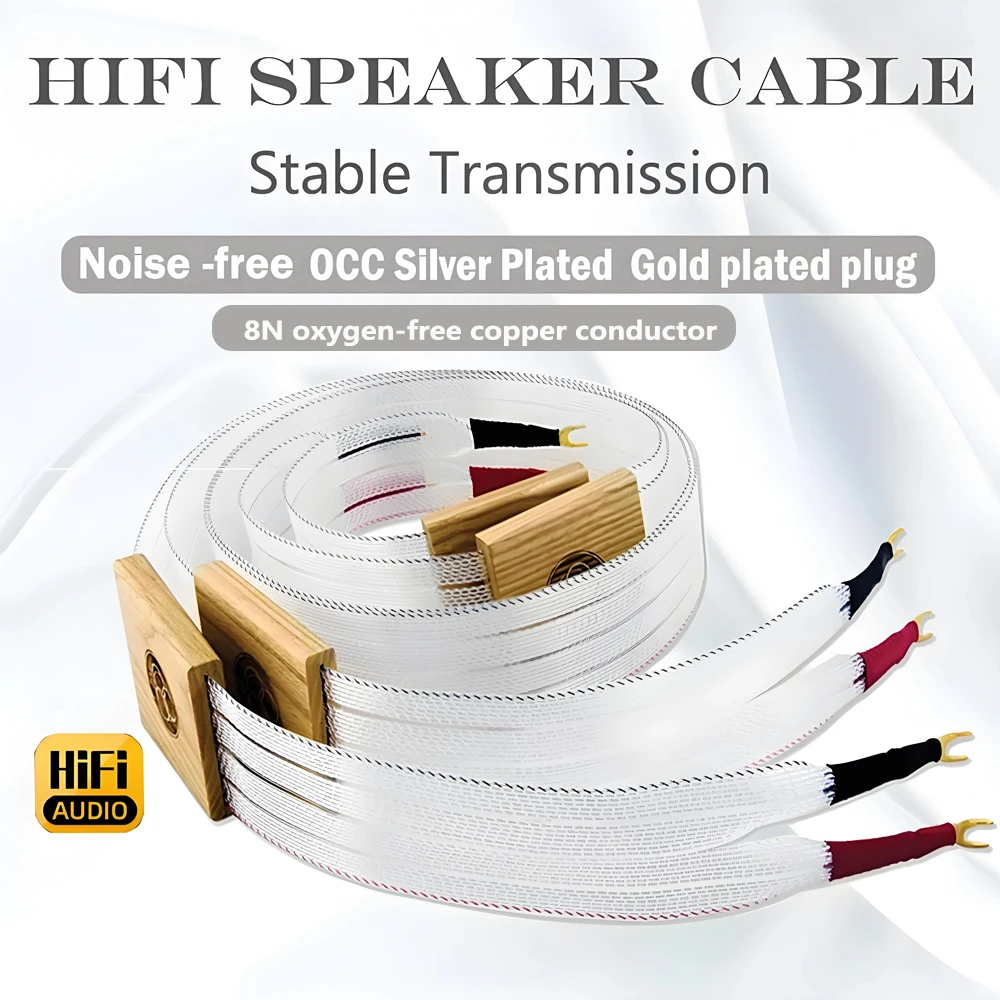 

Hifi Speaker Cable 8N OCC Silver Plated Speaker Cable Flat loudspeaker cable Gold-plated Banana Y Plug for AMP