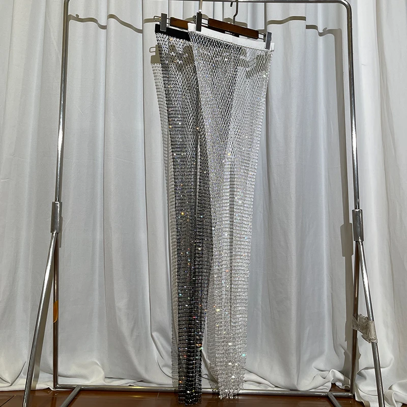 H80&S90 New Crystal Diamond Shiny Women Pants Fashion Hollow Out Mesh Wide Leg Trousers Sexy And Club See Through Beachwear