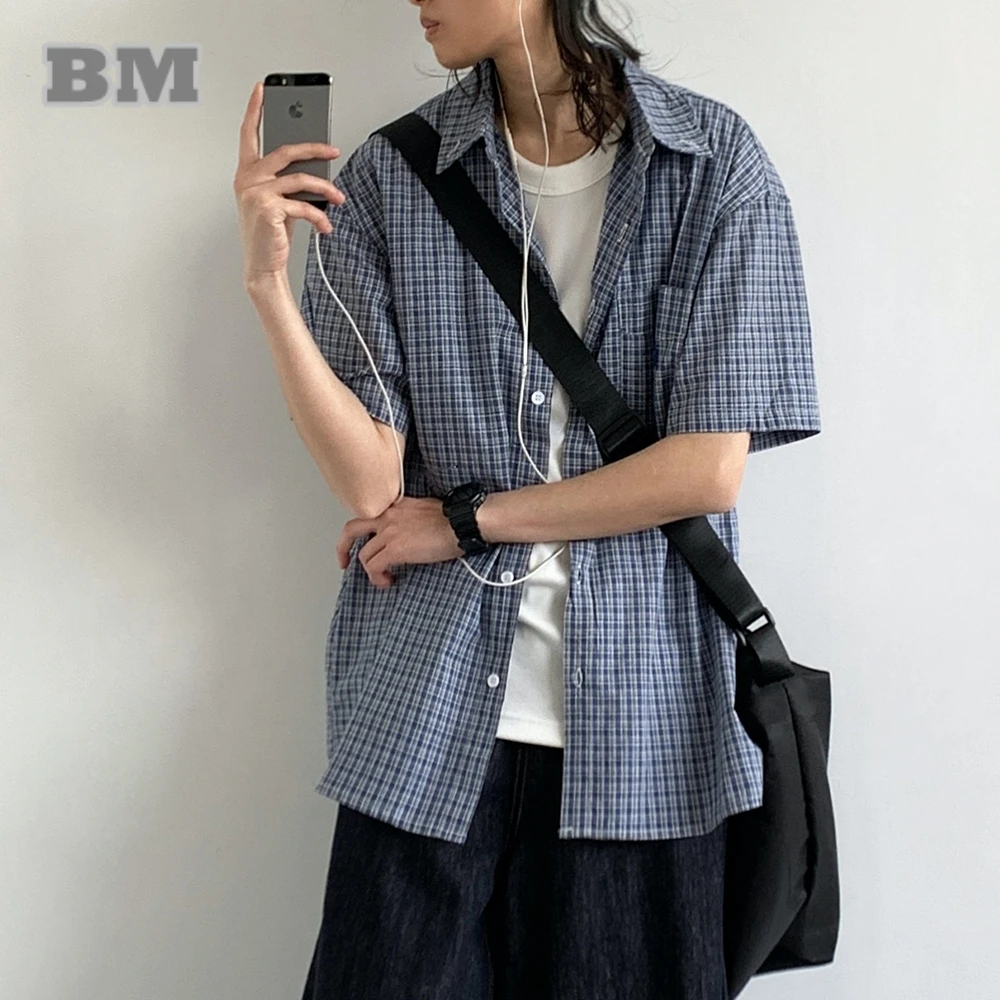 

Japanese Harajuku Vintage Check Shirt Unisex Breathable Short Sleeve Men Women Summer Casual Lightweight Streetwear Trendy Top