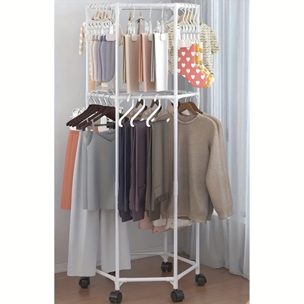 Rotating Movable Drying Rack Hexagonal Hanging Clothes Rack Drying Clothes Rack Easy Assembly Wardrobe Shelf for Hanging Clothes