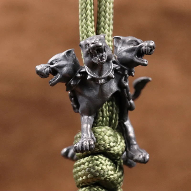 Greek Mythology Dark Demon Hell Three-headed Dog Figurines Brass Knife Beads EDC Outdoor DIY Paracord Woven Lanyard Accessories