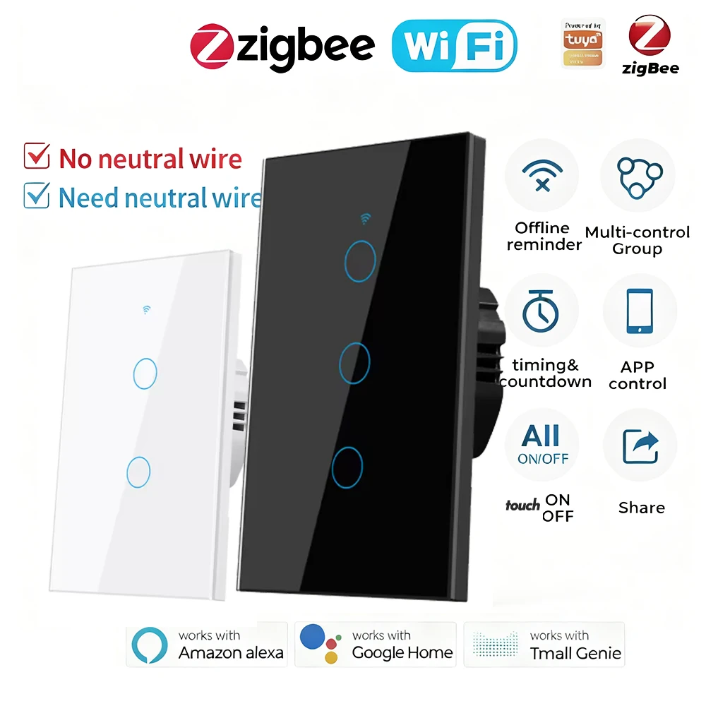 ZigBee Wall Touch Smart Light Switch With Neutral/No Neutral,No Capacitor Smart Life/Tuya 2/3 Way Control compatible AlexaGoogle