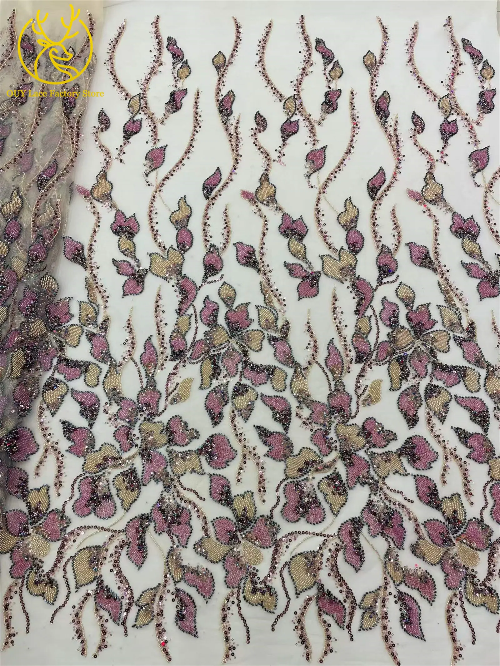 Heiß begehrter französischer Stickerei-Spitzenstoff mit Perlen und Pailletten, 5 Yards, afrikanischer Spitzenstoff, nigerianische Spitze für Brautkleider und Hochzeitsfeiern – Detail 5