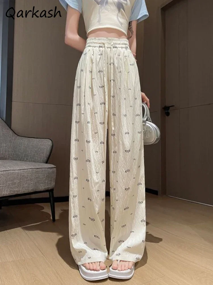 

Брюки с бантом, женские эластичные брюки с высокой талией на шнуровке, летние тонкие милые дышащие уютные солнцезащитные прямые мешковатые повседневные брюки для девочек