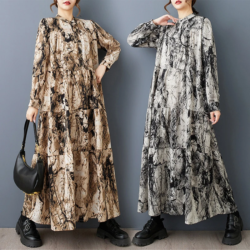Retro Tie Dye Inktprint Lange Dr Plus Size Dames Faion Lente Herfst f Open Kraag Ele A-lijn Rok Dr