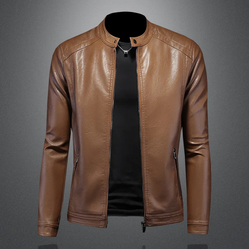 Motorcycle jacket men spring new stand-up collar trend slim-fitting simple PU jacket casual short coat  motorbike jacket 5XL