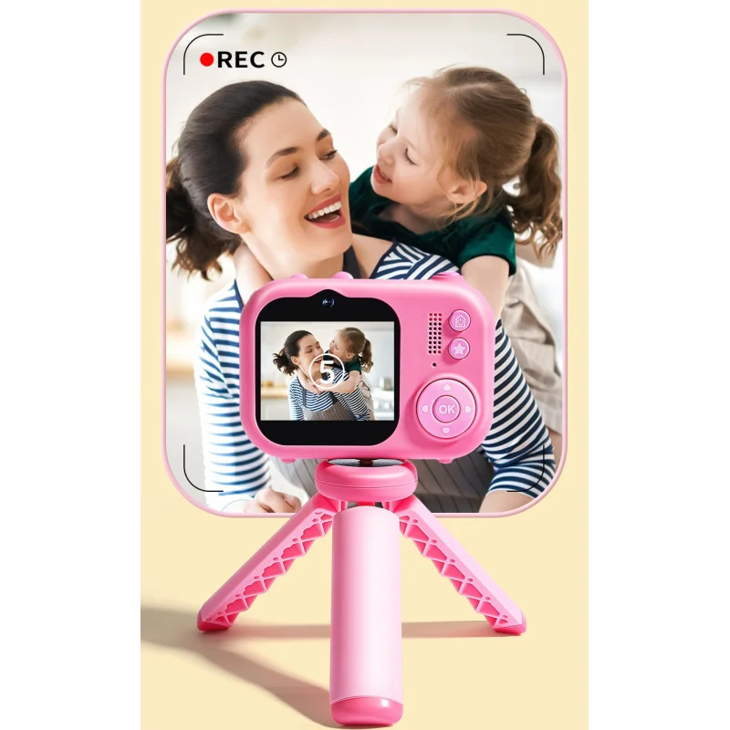 Câmera digital infantil com câmeras frontal e traseira para tirar fotos e vídeos, tripé, desenho animado, coelho, menina, menino, presente de aniversário, console de jogos