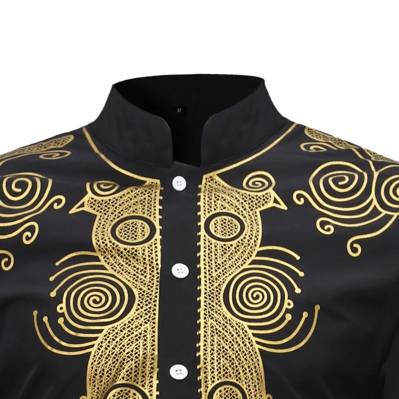 Stand Collar Muslim Shirt Men Clothes Folk Kaftan Musulman Kurta Indian Islamic Clothing National Printed Long Sleeve Shirts