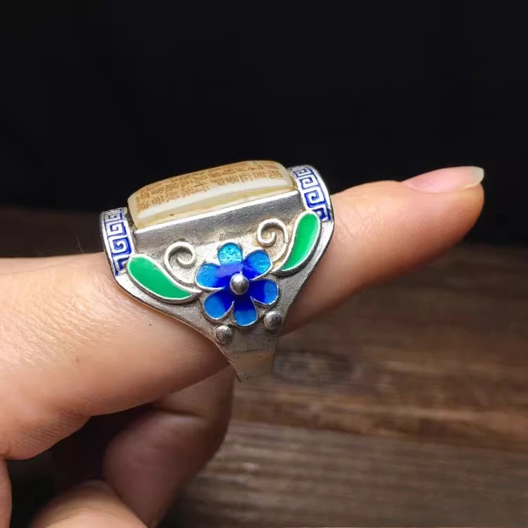 Antique collection inlaid old jade square ring surface cloisonne filigree old silver inlaid open ring foot silver wrench