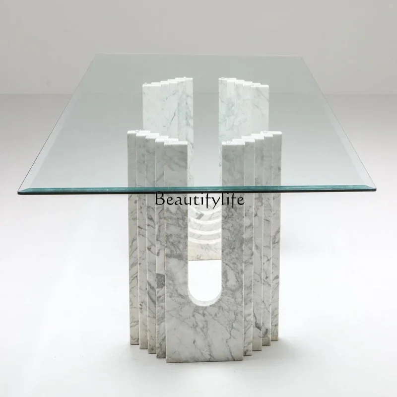 jj Italian minimalist marble dining table rectangular tempered glass countertop