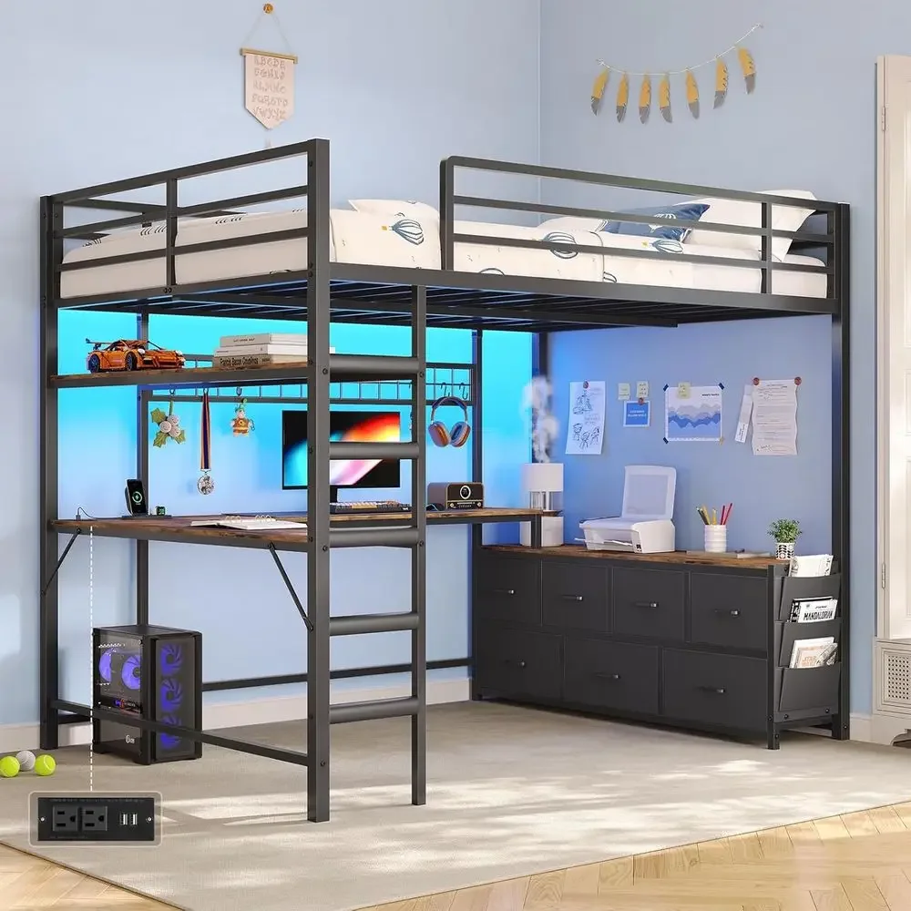 

Extra-Large Loft Bed with U-Shaped Desk, Storage, Shelves, Charging Station, LED Lights, Metal Frame and Safety Rail