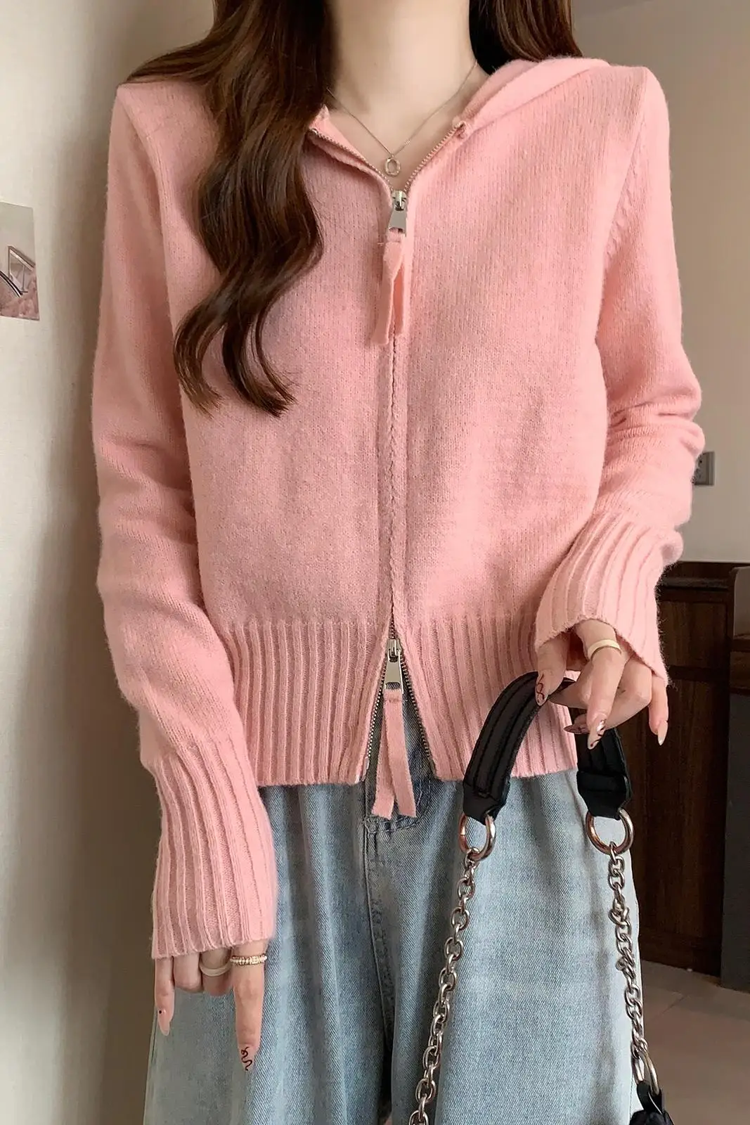 المرأة الوردي مقنعين سترة متماسكة الحلو العمر الحد مزدوجة سستة قصيرة نمط الكورية عادية الخريف الشتاء معطف شتاء القمم #2