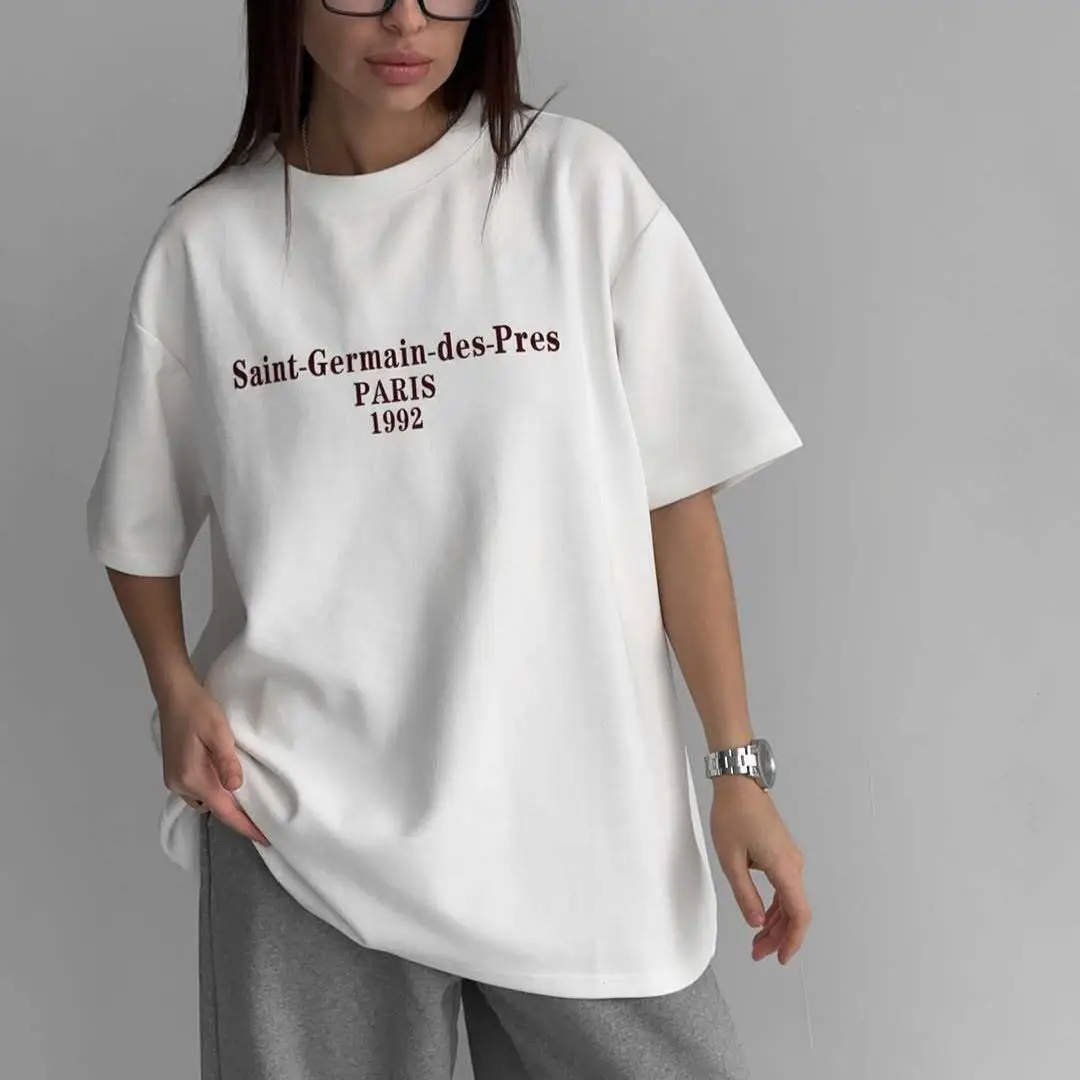 نمط تصميم صيفي جديد بأكمام قصيرة مع حروف من أوروبا وأمريكا في عام 2025 يتميز بميزة أمريكية فضفاضة مطبوعة #2