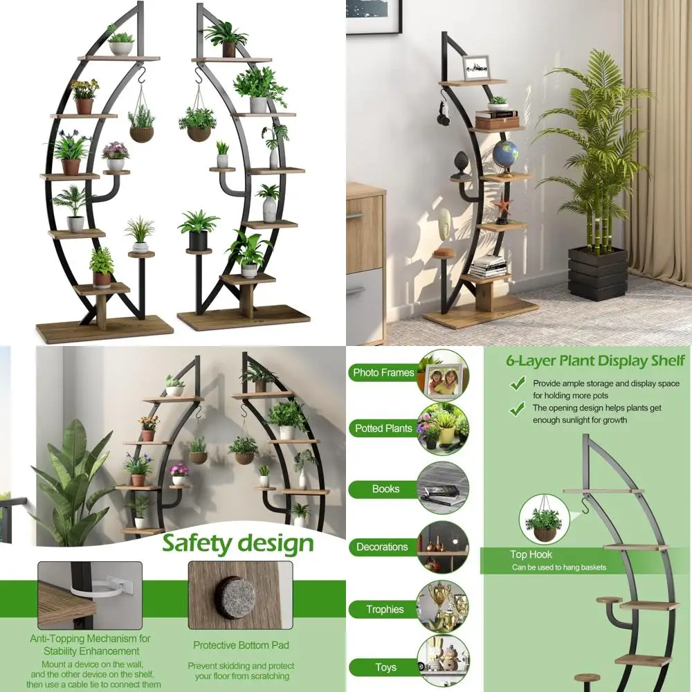 حامل نباتي معدني داخلي منحني متعدد الأغراض مكون من 6 طبقات مع أرفف نصف قمر وشماعة وميزة مضادة للإسقاط