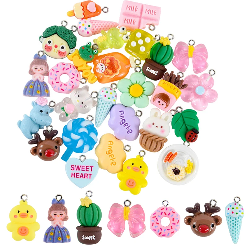 Randomly Mixed 10Pcs Resin Cute Charms Cartoon Duck Donut Deer Pendants DIY Kid's Jewelry Accessories Baby Shower Handmade Gifts