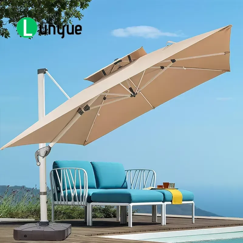 10Ft Offset Cantilever Patio Umbrella with Solar LED Light Outdoor Garden Parasol Sunshade for Backyard Deck Poolside Weather