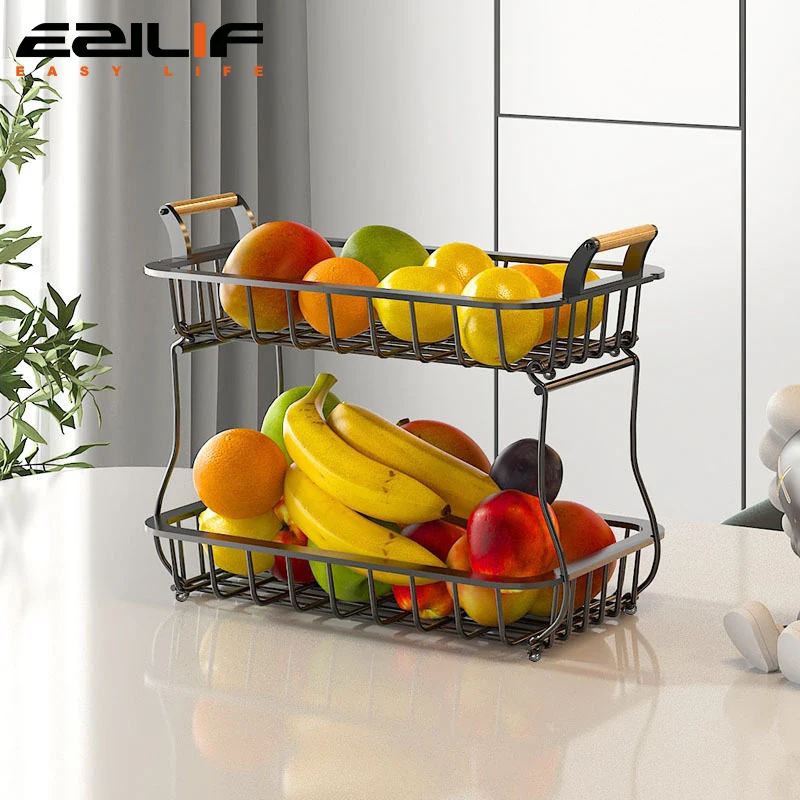 

2 Tier Fruit Storage Basket Countertop for Kitchen, Vegetable Fruit Basket Stand Detachable Metal Wire Basket with Wooden Handle