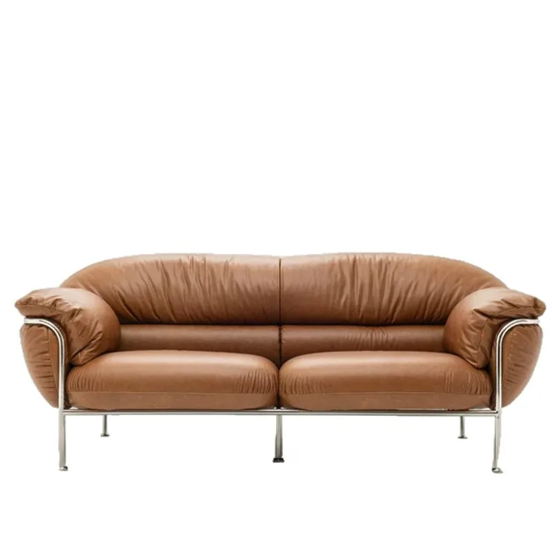 Sofa antique leather straight row double seat living room retro designer sofa