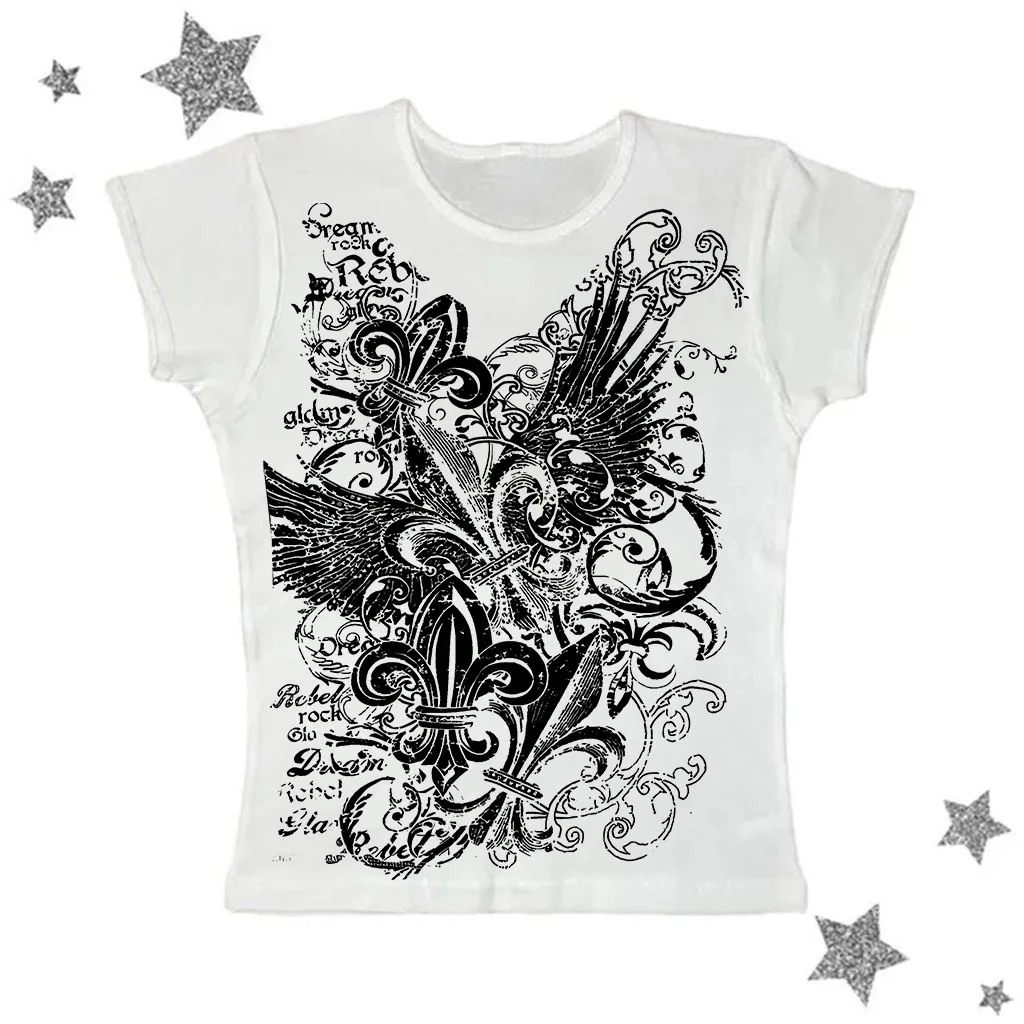 Crop top summer slim fit Harajuku V-neck T-shirt for women's street wear Y2k aesthetic retro floral wing printed T-shirt Grunge