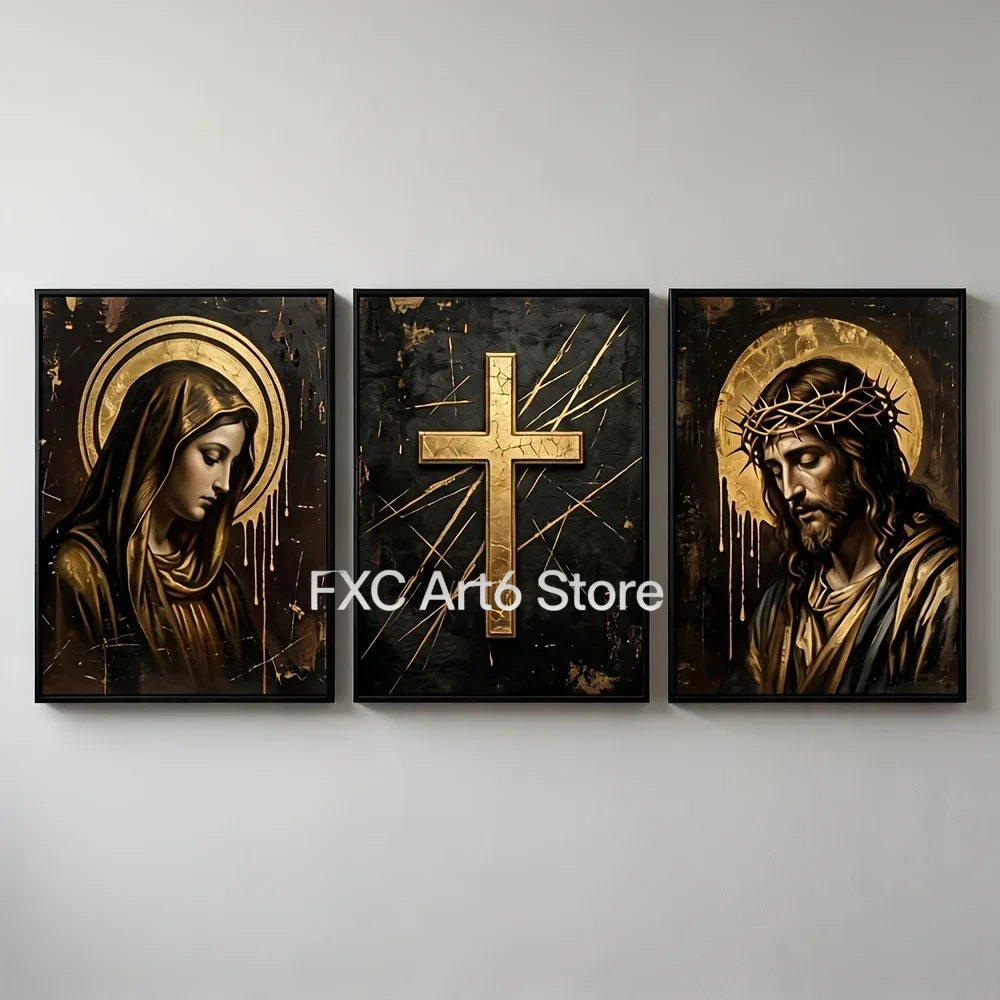 3pcs frameless -2D Flat, Set of 3 Christian Religious Wall Art Prints Suitable for Prayer Room Decor - Virgin Mary & Jesus Cro