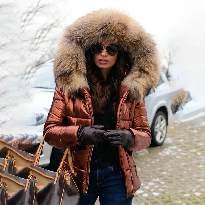 New Hood Solid Color Fur Hooded Jacket Autumn Winter New Women's Cotton-Padded Down Short Parka Coat Jacket Fashion Casual