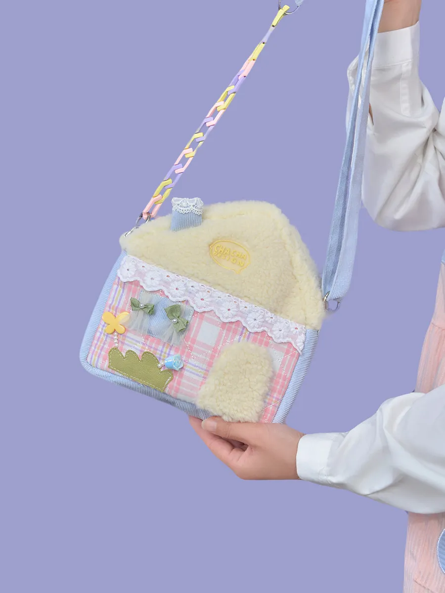 Cute House Shape Plush Crossbody Bag For Women - Kawaii Corduroy Shoulder Bag With Pearl Chain Sweet Style Handbag