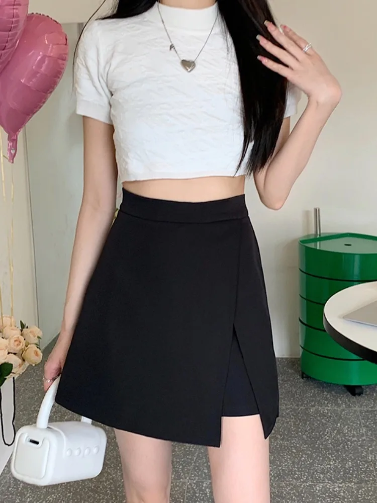 Black High Waist A-Line Mini Skirt for Women Summer Fashion Design Open Split Short Skirt Slimming Meat Covering Polyester Fa...