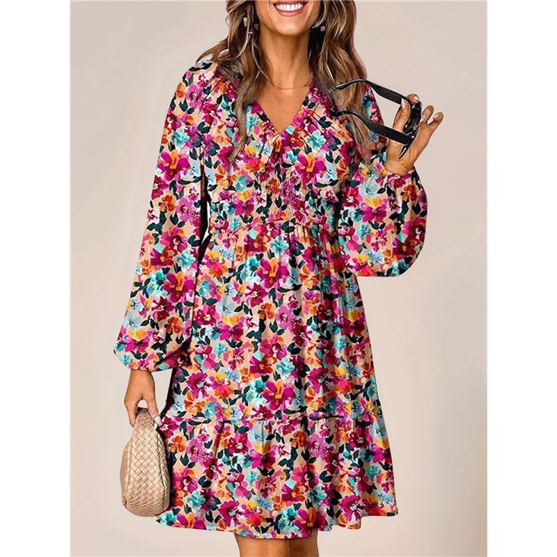 CGS-Donna Autunno Boho Floreale Scollo a V Manica lunga Smocked Elastico in vita Casual A-Line Mini abito prendisole