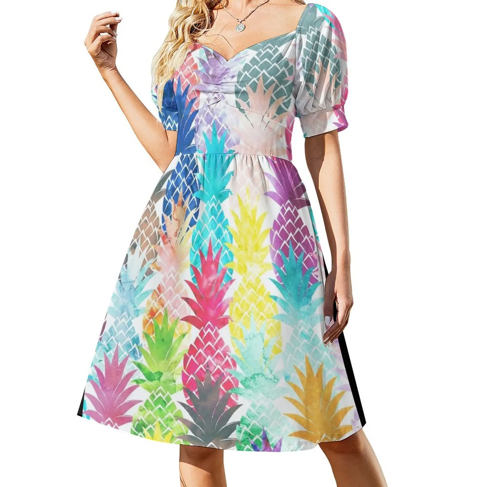 

Hawaiian Pineapple Pattern Tropical Watercolor Short Sleeved Dress wedding dresses for parties beach outfits for women Dress